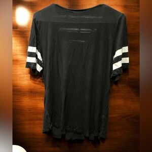 TRULY distressed Black Tee with White Sleeve Stripes XL